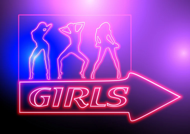 a neon sign with the word girls on it, digital art, sensual dancing, closeup photo, rendered illustration, profile pic