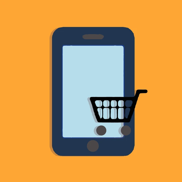 a cell phone with a shopping cart on the screen, digital art, in front of an orange background, square, icon, black