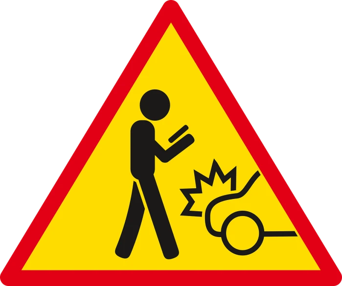 a warning sign with a man standing next to a fire hydrant, by Konrad Klapheck, auto-destructive art, black and yellow and red scheme, crashcart, wielding a fireball, wikimedia