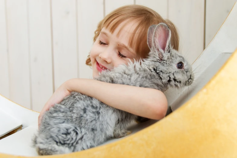 a little girl that is holding a stuffed animal, a picture, by Aleksander Gierymski, shutterstock, rabbit_bunny, hugging each other, synthetic fur, indoor picture