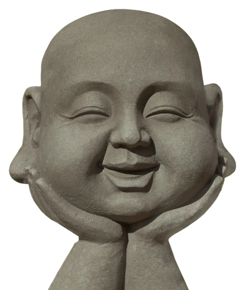 a close up of a statue of a smiling buddha, a statue, trending on zbrush central, new sculpture, made of stone and concrete, full - view, round head, lotus