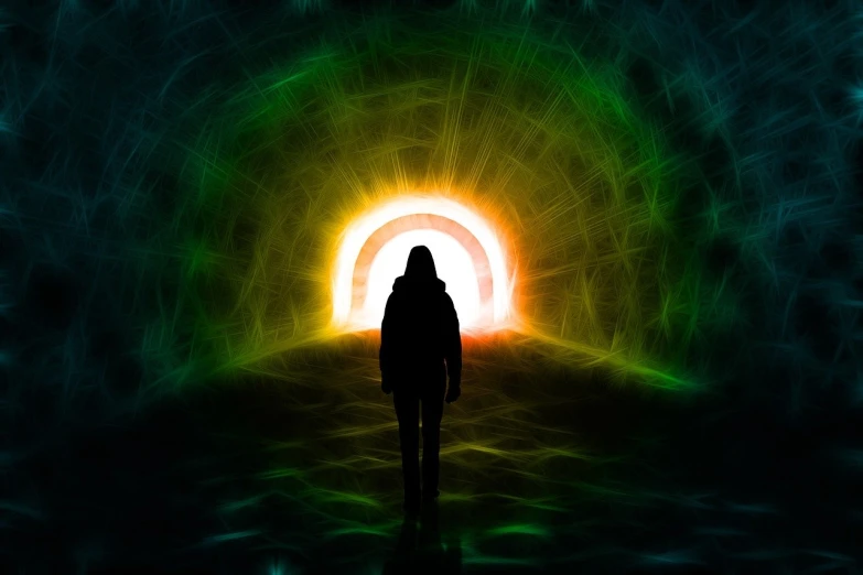 a person standing in front of a light at the end of a tunnel, digital art, amazing contrasting background, sunshaft, energetic beings patrolling, green aura