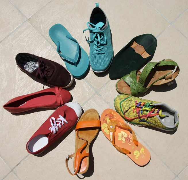 several pairs of shoes are arranged in a circle, by Juan O'Gorman, flickr, ghibli colorful, having fun in the sun, ten flats, lotus