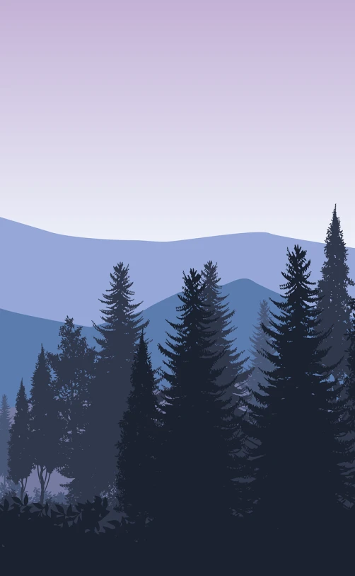 a view of a mountain range with trees in the foreground, a digital painting, fine art, pastel palette silhouette, black fir, indigo background, whole page illustration