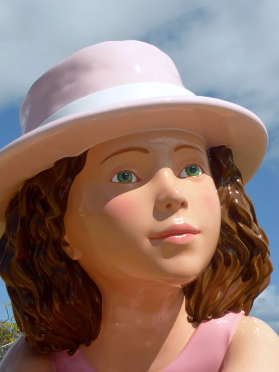 a close up of a statue of a woman wearing a hat, flickr, new sculpture, pink girl, on a sunny day, fully detailed, digitally painted