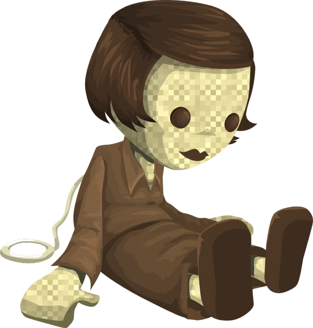 a cartoon character is sitting on the ground, a digital rendering, deviantart contest winner, creepy marionette puppet, short brown hair and large eyes, pixelated, 70's