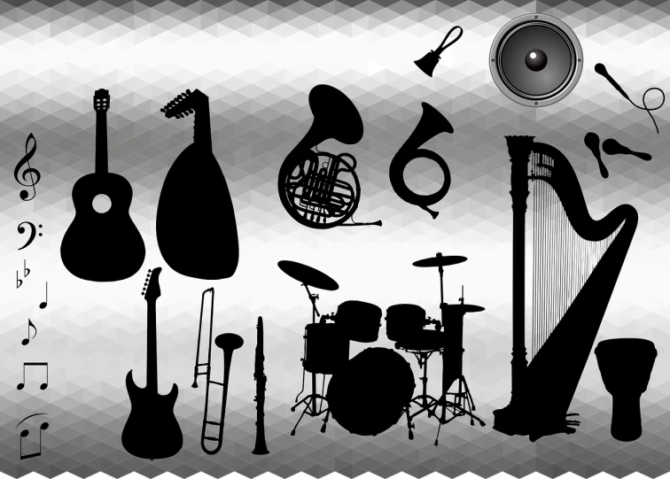 a black and white photo of musical instruments, vector art, by Robin Guthrie, trending on pixabay, bauhaus, in a shapes background, detailed scales, silhouette :7, sharp metal ears