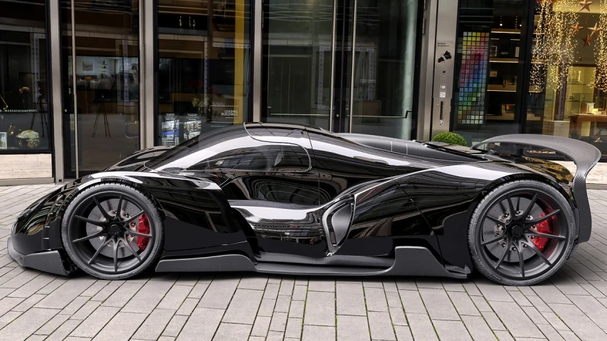 a black sports car parked in front of a building, a 3D render, tumblr, hypermodernism, black leather robes! intricate, veneno, taken with sony alpha 9, glass and metal : : peugot onyx