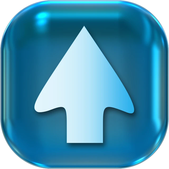 a blue button with a white arrow on it, pixabay, digital art, transparent glass surfaces, cone, arrow shaped, sup