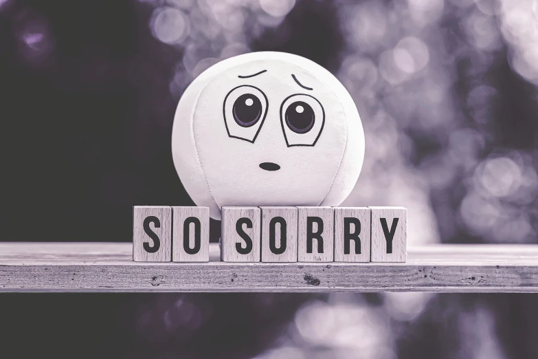 a white ball sitting on top of a wooden block, a cartoon, by Elaine Hamilton, pixabay, graffiti, he is sad, words, solemn gesture, sofurry