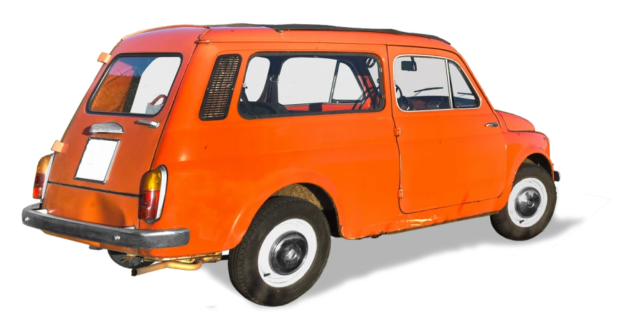 an orange car is parked on the side of the road, a digital rendering, by Alfons von Czibulka, trending on pixabay, fine art, 1968 cut out collage, russian lada car, stained antique copper car paint, vintage - w 1 0 2 4