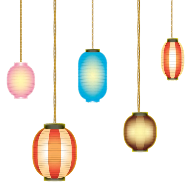 a group of lanterns hanging from a rope, a digital rendering, inspired by Masamitsu Ōta, sōsaku hanga, 5 colors, illumination lighting, shiny!!, straw