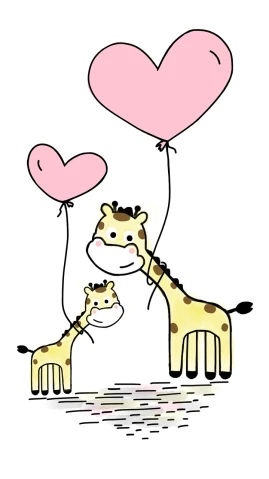 a drawing of a giraffe holding a heart shaped balloon, figuration libre, twins, maternal, けもの, hanging