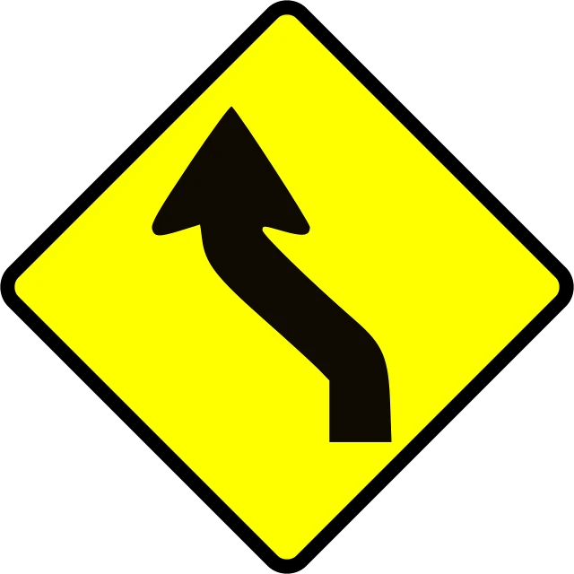 a yellow sign with a black arrow on it, hurufiyya, curve, left - hand drive, american, cut-away