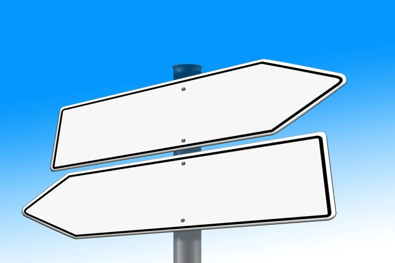 two white street signs sitting on top of a metal pole, trending on pixabay, digital art, cel shaded vector art, blue sky, thick squares and large arrows, whiteboards