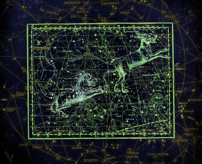 a drawing of a man riding a horse on a constellation map, a digital rendering, digital art, -h 1024, very accurate coherent image, taken through a telescope, pisces