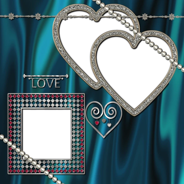 a couple of heart shaped frames sitting next to each other, a digital rendering, by Shirley Teed, jeweled veil, black and blue scheme, various backgrounds, square pictureframes