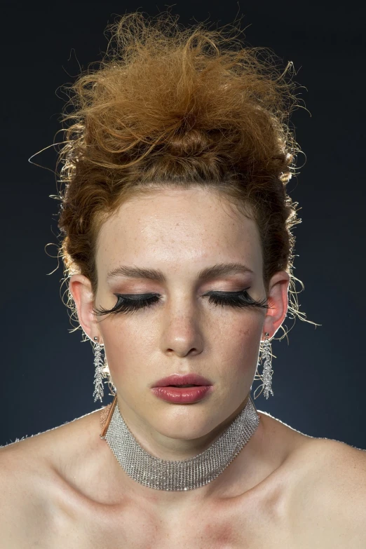 a close up of a woman with a necklace on, inspired by Jan Lievens, ginger hair and fur, portrait of a ballerina, crying makeup, half-turned lady in evening gown