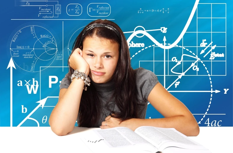 a woman sitting at a table with a book in front of her, a picture, analytical art, math equations in the background, teenage girl, istockphoto, failure
