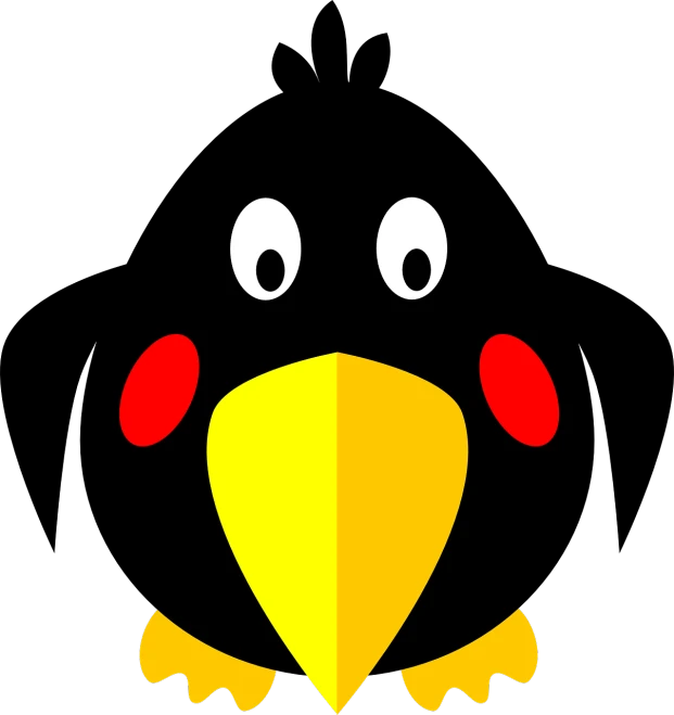 a close up of a bird's face on a black background, inspired by Gonzalo Endara Crow, pixabay, mingei, black and yellow and red scheme, mascot illustration, cute:2, pirates