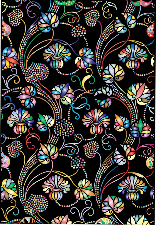 a colorful floral design on a black background, a digital rendering, inspired by Alesso Baldovinetti, art nouveau, detailed patterned background, floral bling, a beautiful artwork illustration, paisley wallpaper