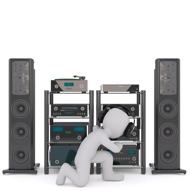 a person kneeling in front of a bunch of speakers, modernism, detailed 3 d render, rack, repairing the other one, productphoto
