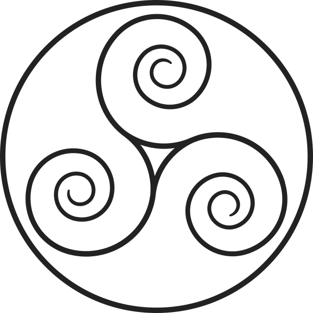 three spirals in a circle on a black background, inspired by Shūbun Tenshō, reddit, hurufiyya, ancient irish, house telvanni, ( ( dithered ) ), alternate album cover