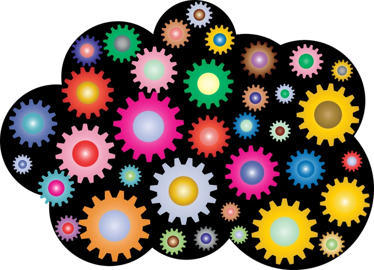 a bunch of colorful gears on a black background, an illustration of, process art, clipart, vibrating, colorful]”, people at work