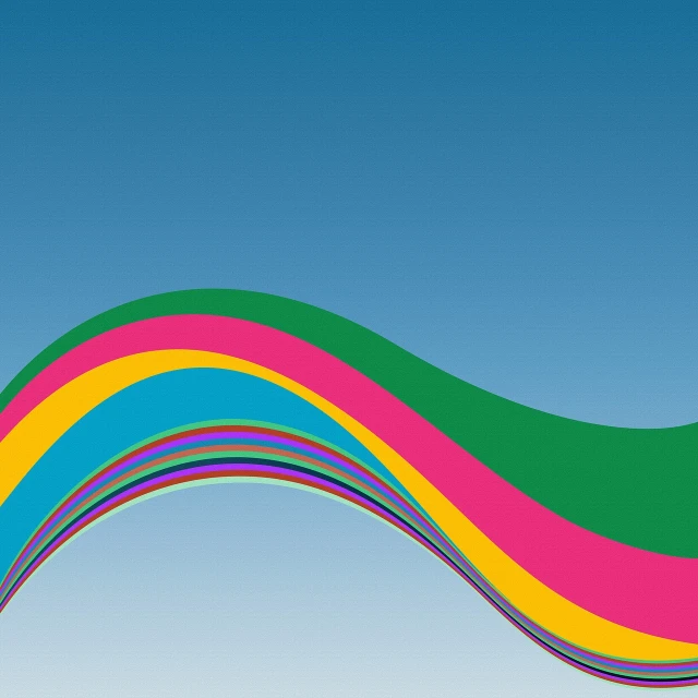 a rainbow colored wave against a blue sky, an illustration of, inspired by Morris Louis, color field, full view blank background, big ribbon, flat color and line, 4 k hd wallpaper illustration