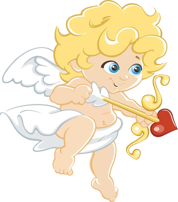 a cartoon cupid with a wand and a heart, by Valentine Hugo, baroque, on black background, of beautiful angel, toddler, angle view