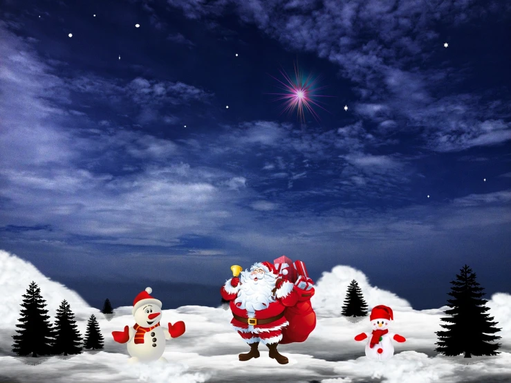 a group of snowmen standing on top of a snow covered ground, a picture, inspired by Rudolph F. Ingerle, figuration libre, night photo, rendering, santa, dsrl photo