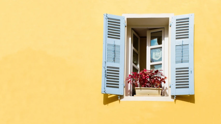 a window with blue shutters on a yellow wall, a picture, shutterstock, natural light outside, colorful caparisons, windowsill, stucco walls