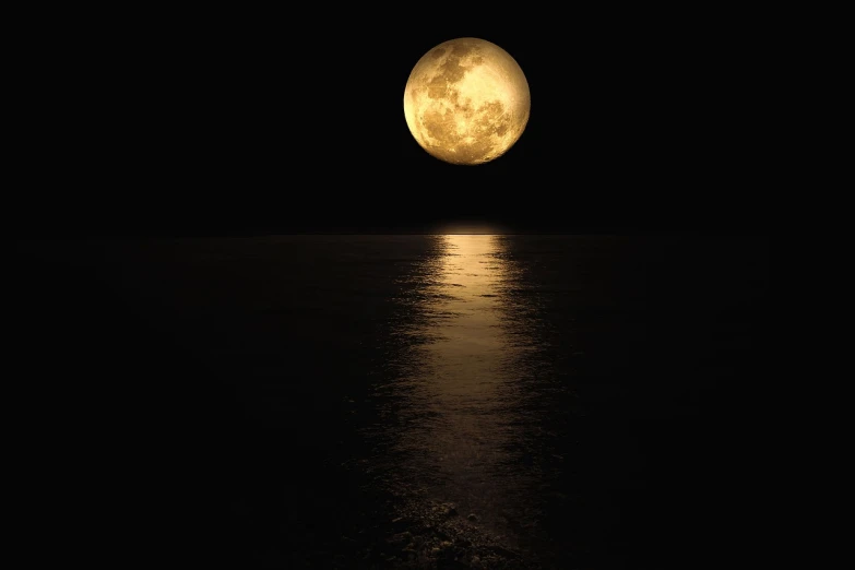 a full moon is reflected in the water, romanticism, dark yellowish water, aaaaaaaaaaaaaaaaaaaaaa, lunar goddess, dark ocean water