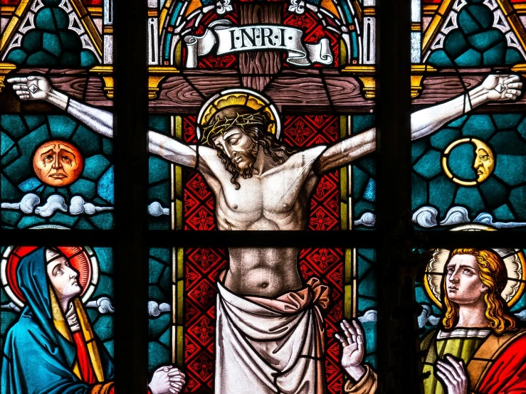 a stained glass window of jesus on the cross, a picture, by Eugeniusz Zak, pexels, art nouveau, very very well detailed image, celebration, intense detail, jesus christ in mass effect