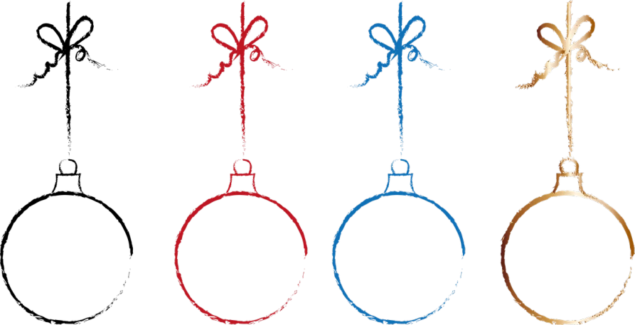 three ornaments hanging from a string on a black background, a digital rendering, blue and red two - tone, outlined hand drawn, bow, circle