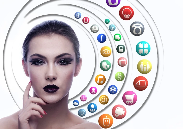 a woman posing in front of a circle of social icons, digital art, by Mirko Rački, digital art, makeup, advert, istockphoto, spiraling