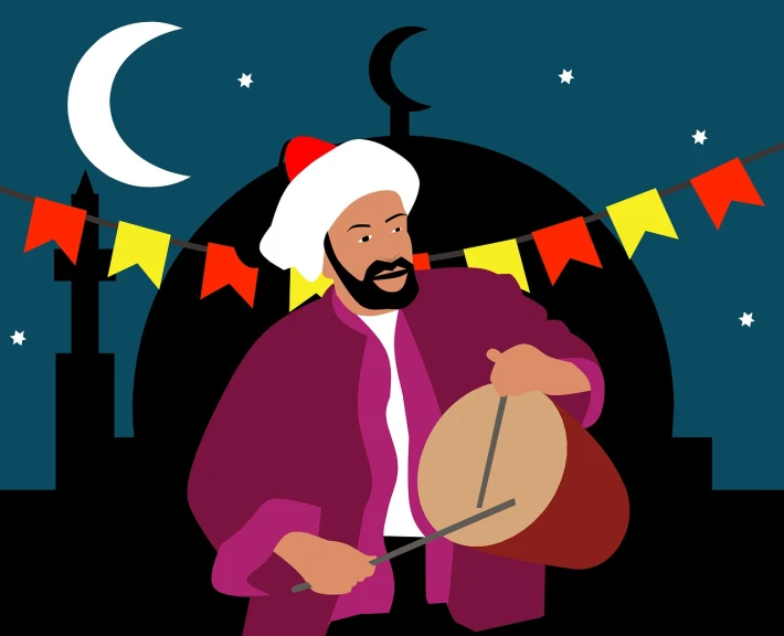 a man in a turban holding a drum, an illustration of, shutterstock, hurufiyya, night life, cartoon style illustration, editorial illustration, holiday