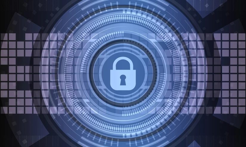 a blue circle with a padlock on it, a digital rendering, computer art, shields, background image, wpa