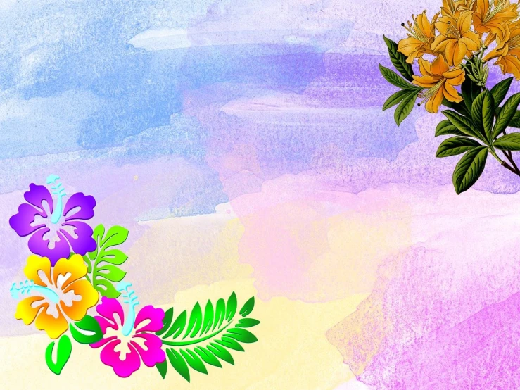 a bunch of flowers sitting on top of a table, a digital painting, trending on pixabay, digital art, gradient and patterns wallpaper, tropical background, holi festival of rich color, with yellow flowers around it