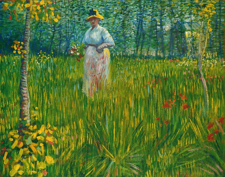 a painting of a woman in a field of flowers, an impressionist painting, by Cuno Amiet, post-impressionism, standing in tall grass, in a city park, full view with focus on subject, farmer