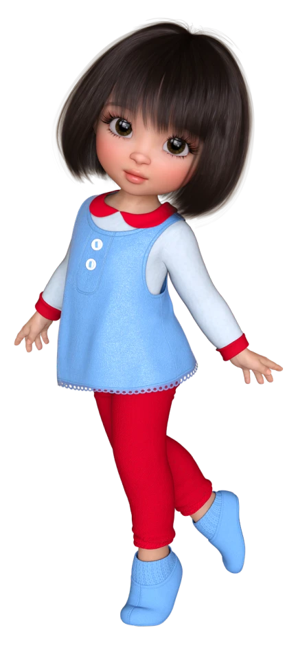 a little girl in a blue dress and red pants, a 3D render, inspired by Alison Kinnaird, digital art, render of a cute 3d anime girl, seventies era, clothes high detail, doll