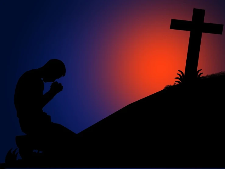 a silhouette of a man kneeling in front of a cross, a picture, pixabay, happening, end of evangelion, somber colors, cad, church background!