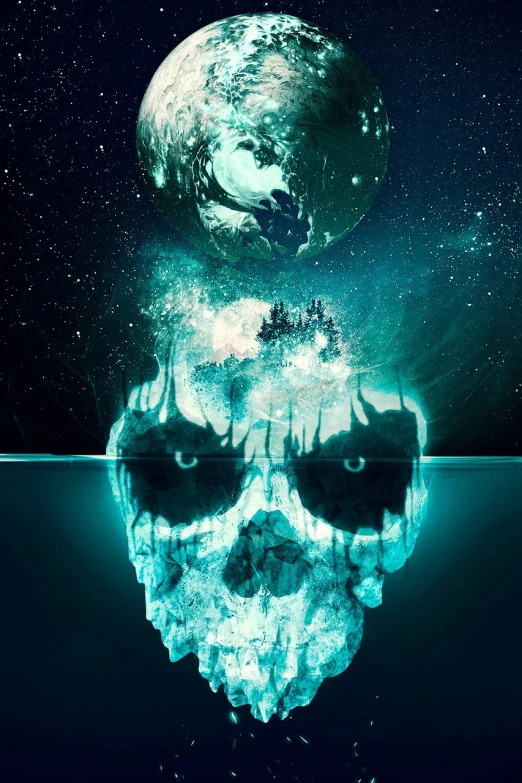 a skull floating in the water with a planet in the background, poster art, digital art, frozen cold stare, extreme drama, skull on the screen, life and death mixing together