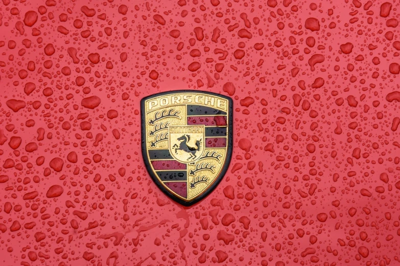 a close up of a badge on a red car, inspired by Bernardo Cavallino, postminimalism, wet amphibious skin, 8k vertical wallpaper, porsche, detailed color scan”