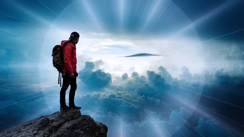 a man standing on top of a mountain with a backpack, a picture, inspired by jessica rossier, happening, through clouds blue sky, fractal sky, men look up at the sky, with backdrop of god rays