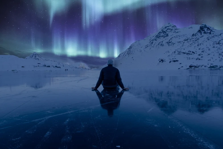 a man sitting on top of a boat in the middle of a lake, inspired by Christopher Balaskas, pexels contest winner, electric cats that fly over ice, northern lights, wayne barlowe pierre pellegrini, sitting down