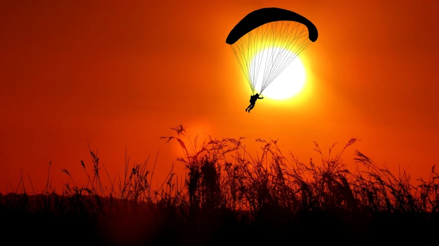 a person flying through the air while holding onto a parachute, by Walenty Wańkowicz, pixabay contest winner, romanticism, gorgeous romantic sunset, buggy, canopy, national geographic style”