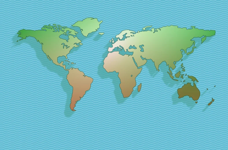 a map of the world on a blue background, an illustration of, art deco, green ocean, brown and cyan blue color scheme, ripple, beginner