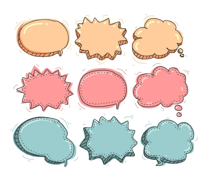 a set of hand drawn speech bubbles, a comic book panel, by Joe Bowler, shutterstock, flat pastel colors, on a white background, high detail illustration, cartoon style illustration