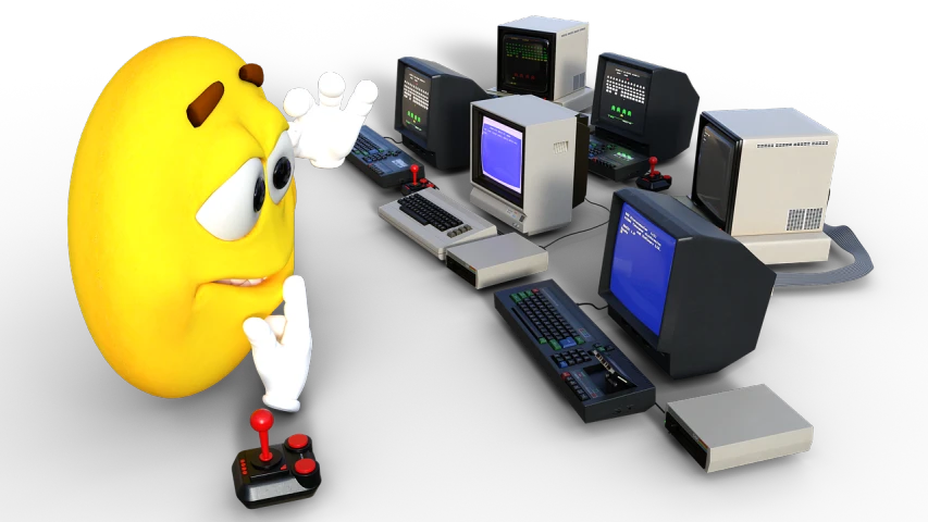 a banana that is standing in front of a bunch of computers, a computer rendering, inspired by Miyamoto, polycount contest winner, computer art, commodore 6 4, steam community, art depicting control freak, black octane render